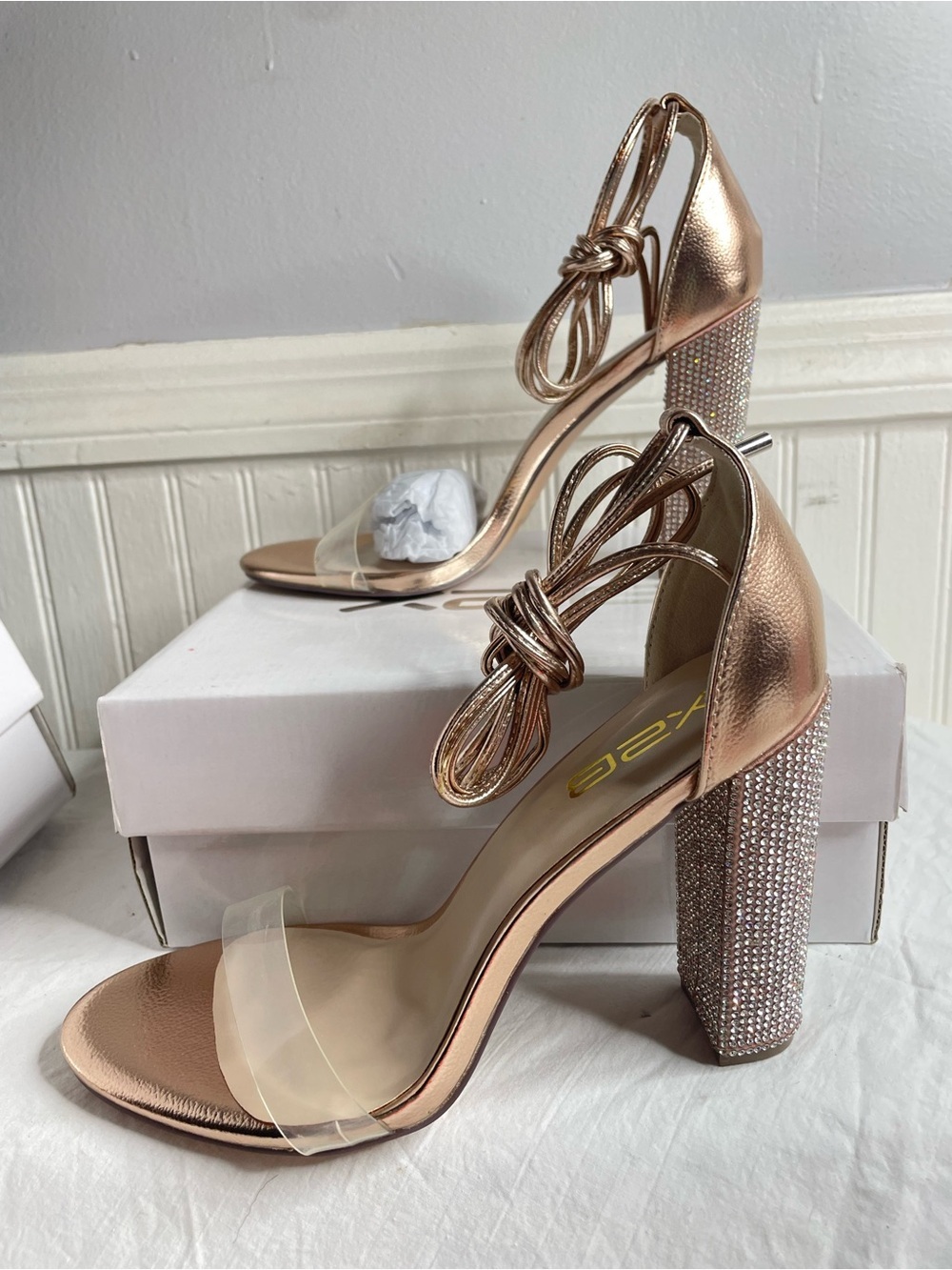 Rhinestone Block Heel Sandals in Rose Gold with Ankle Tie